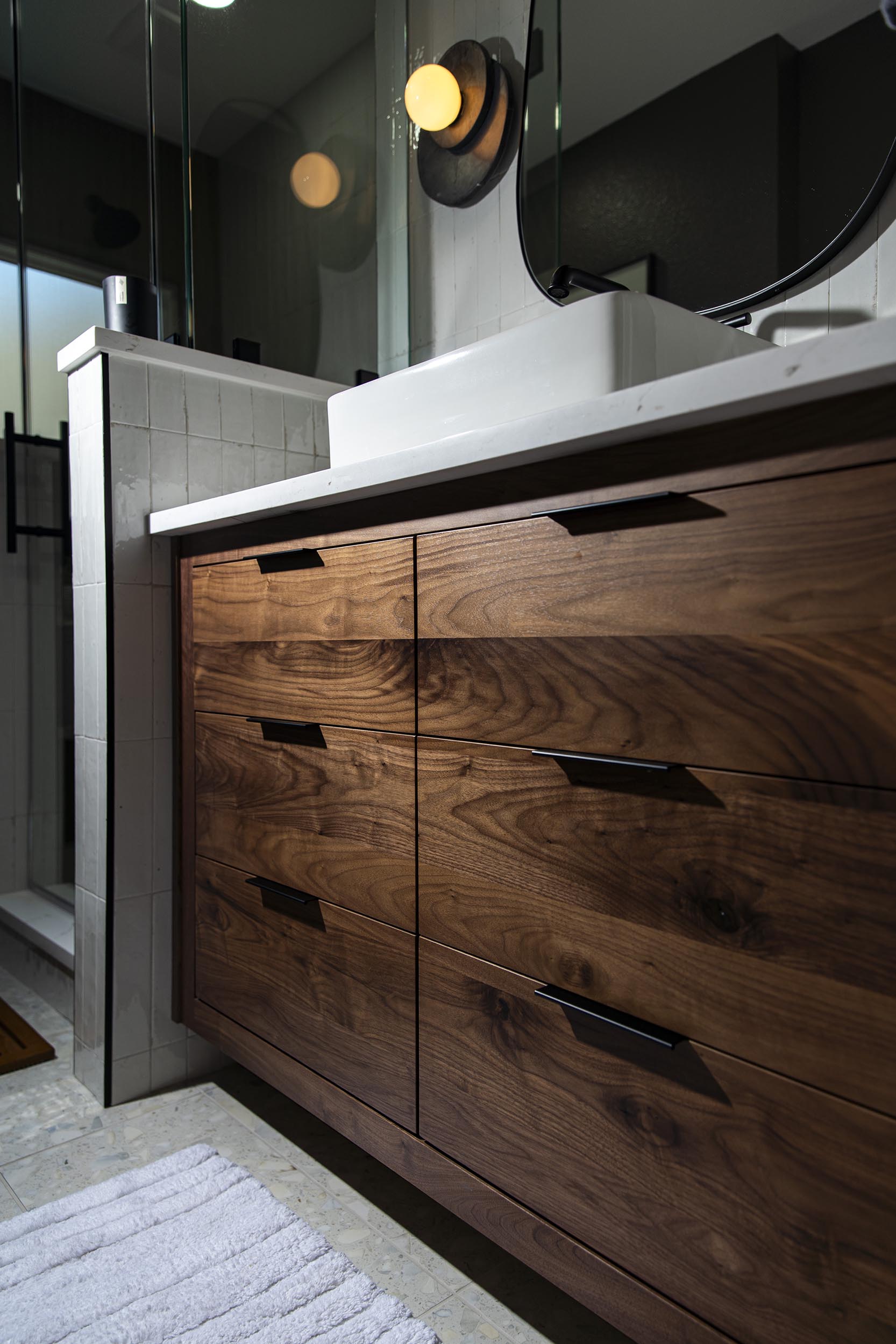 custom wood vanity walnut stain bathroom remodel satx