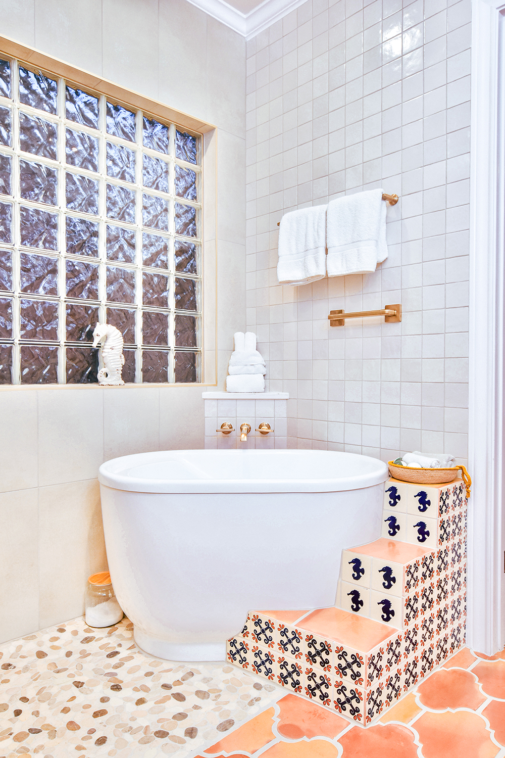 bathroom remodel pebble tile glassblock