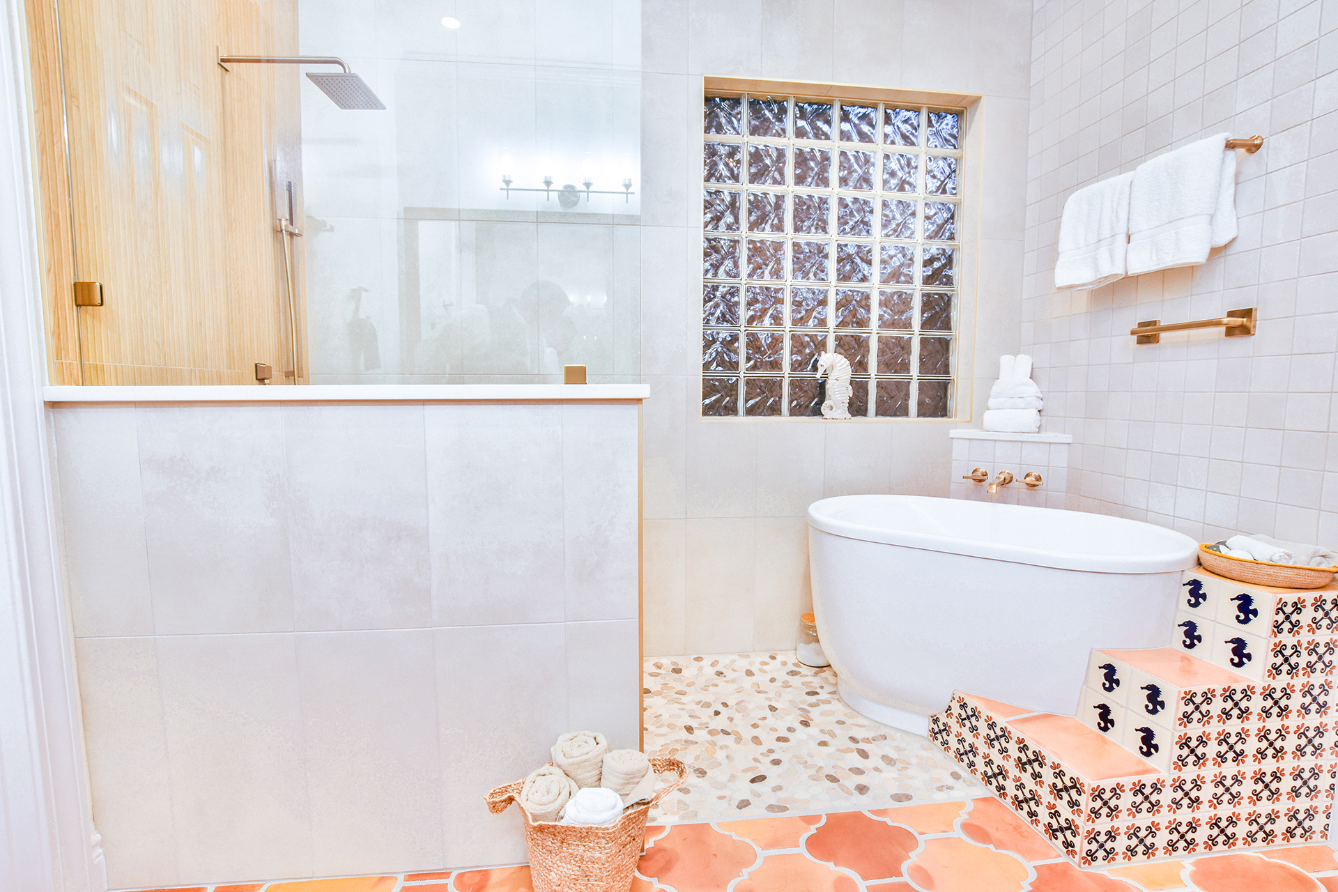bathroom remodel shower bathtub combo glass block seahorse tile