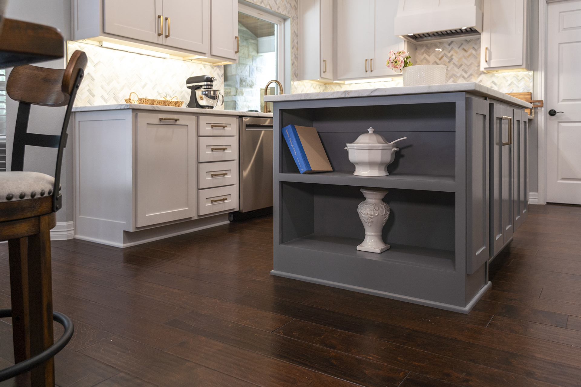 custom kitchen island shelves wood floor