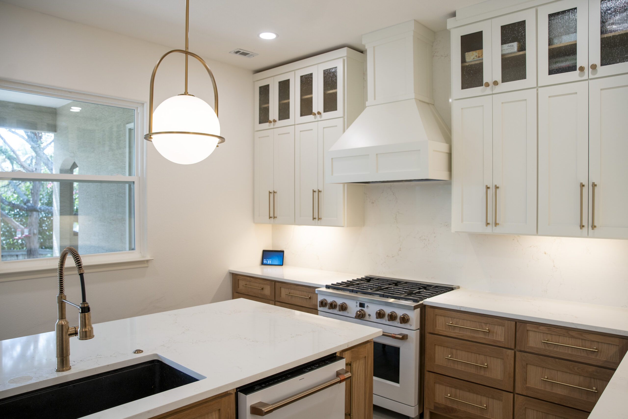 dual color cabinets white and wood kitchen