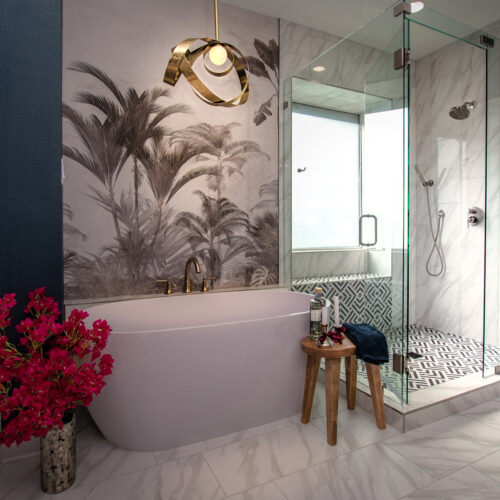 floral wallpaper walk in shower standing tub bathroom remodel san antonio