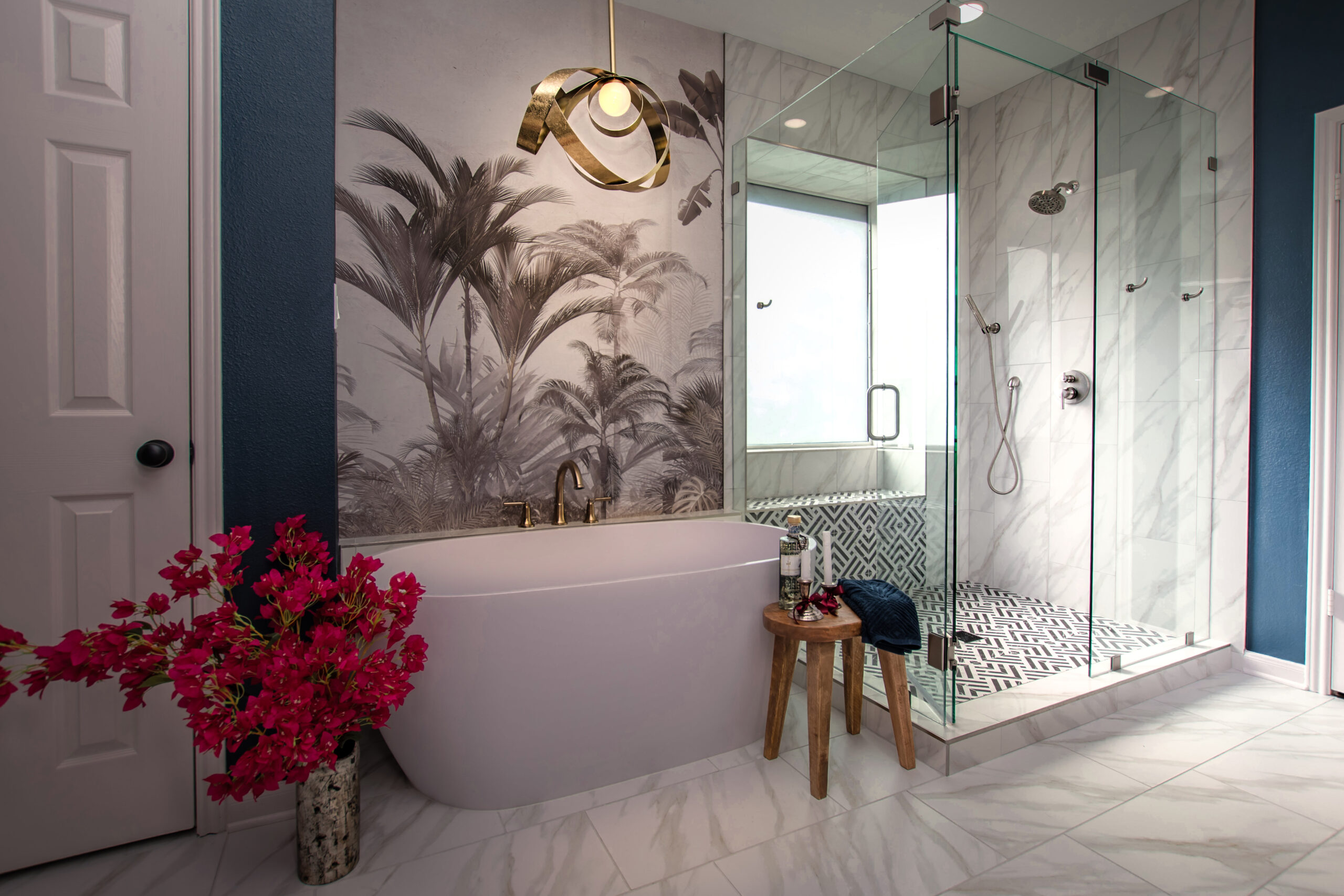 floral wallpaper walk in shower standing tub bathroom remodel san antonio