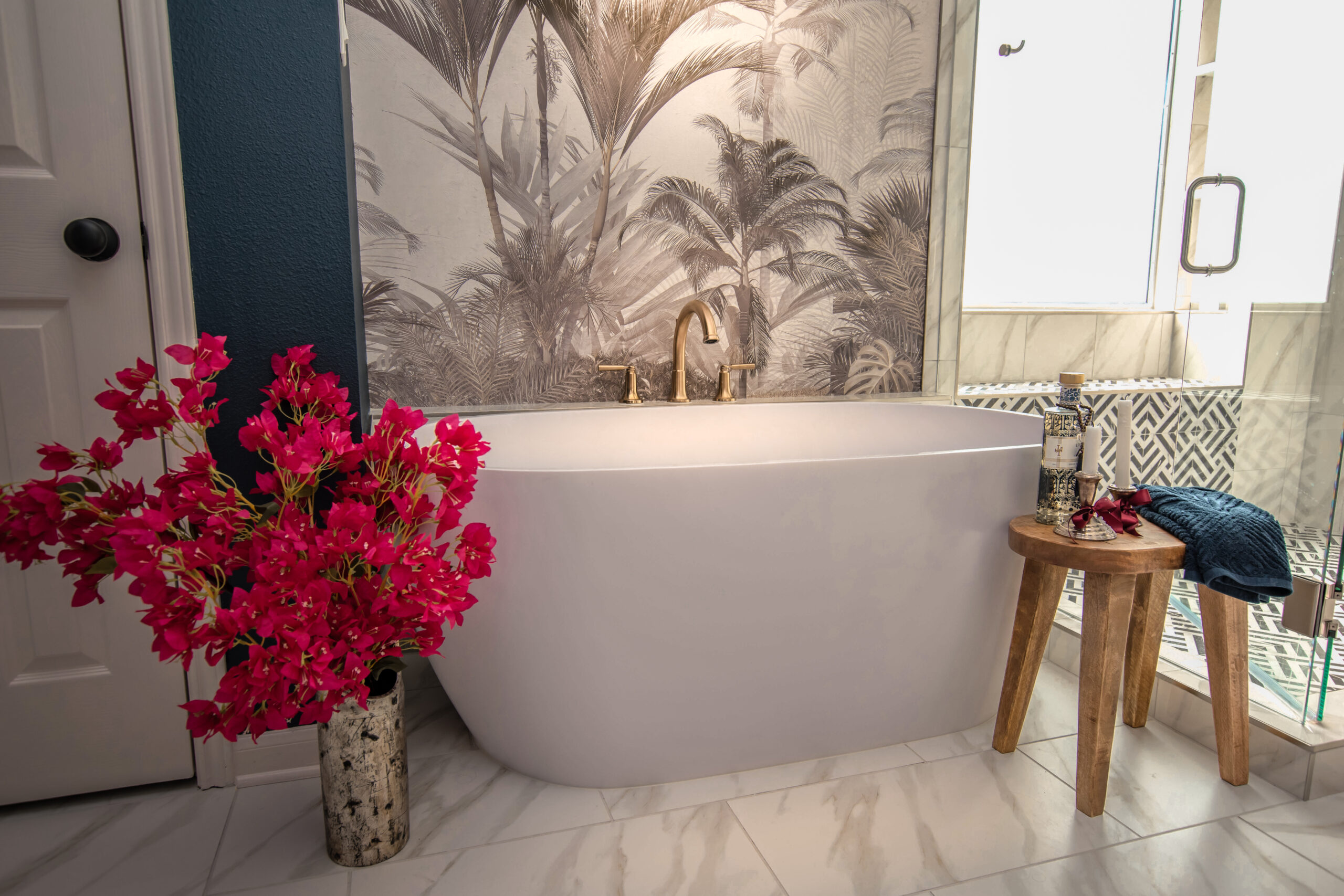 free standing tub bold wallpaper white lotus bathroom remodel