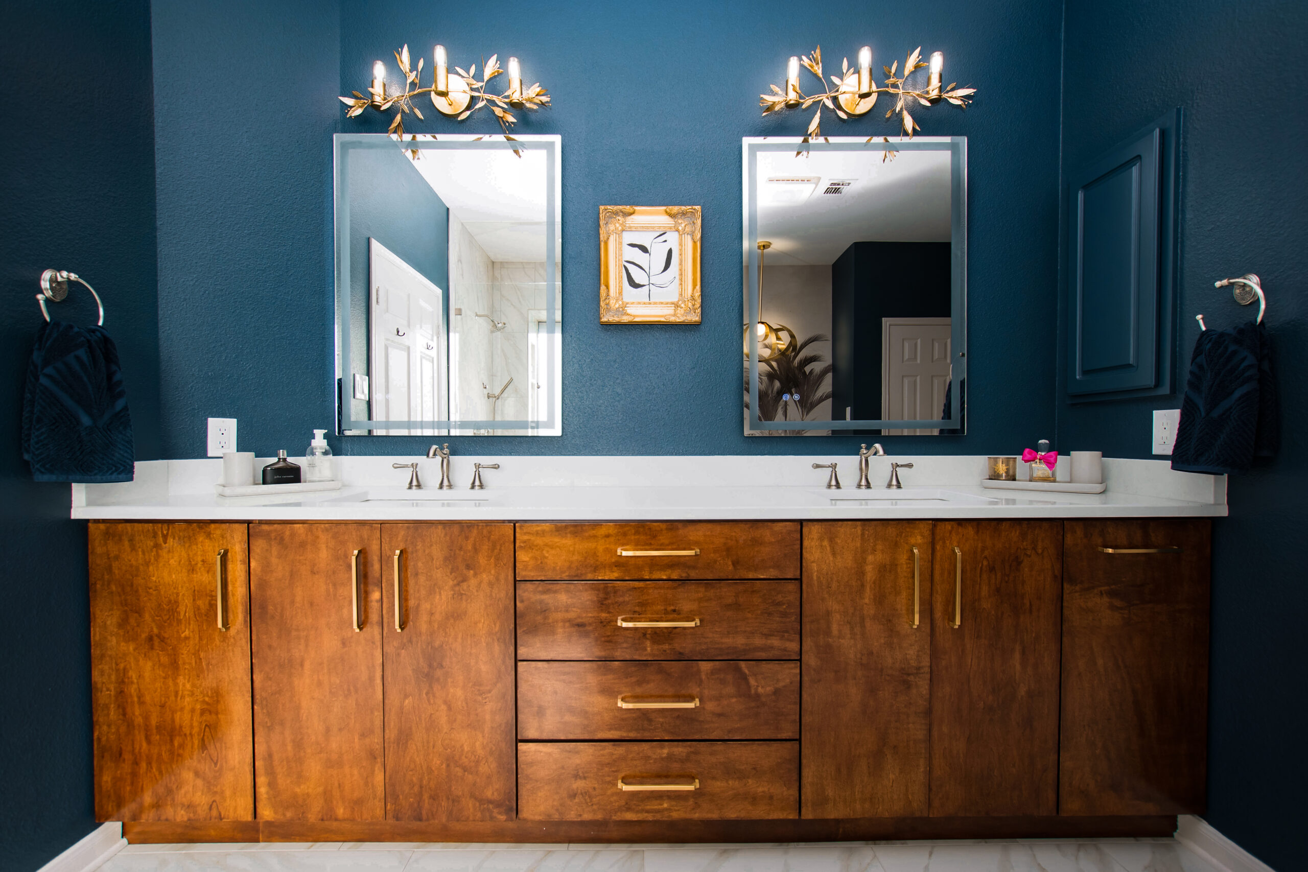 wooden vanity moody colors interior design bathroom remodel