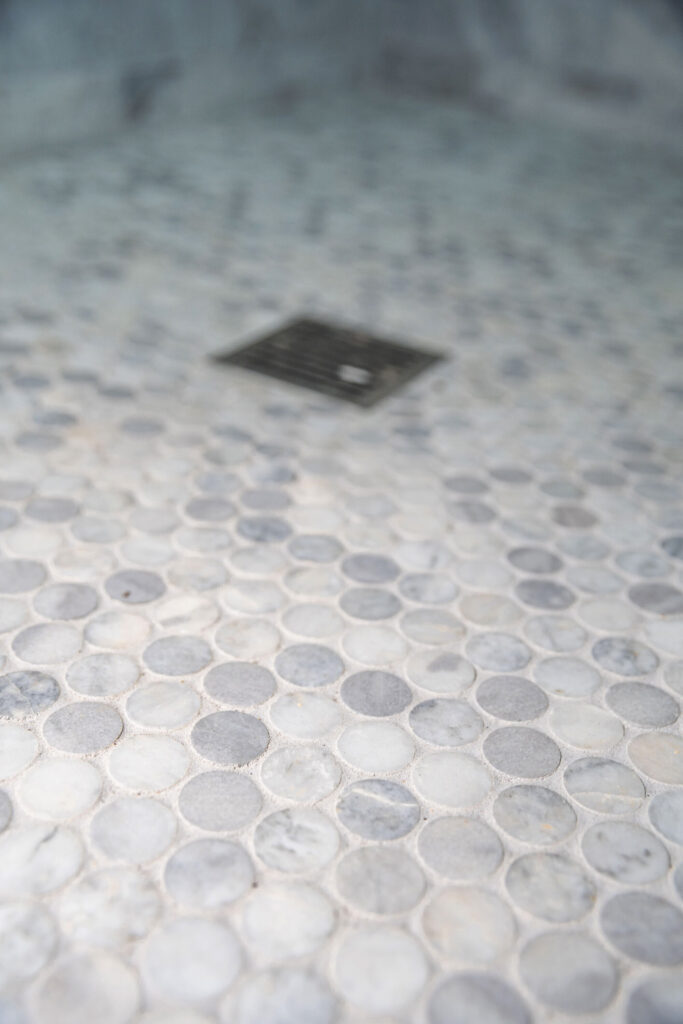 penny rounds shower floor tile capri blue
