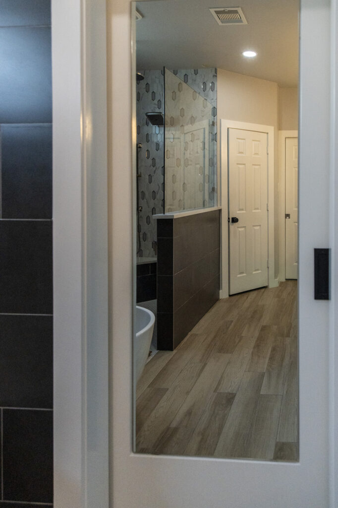 full size mirror pocket door bathroom remodel