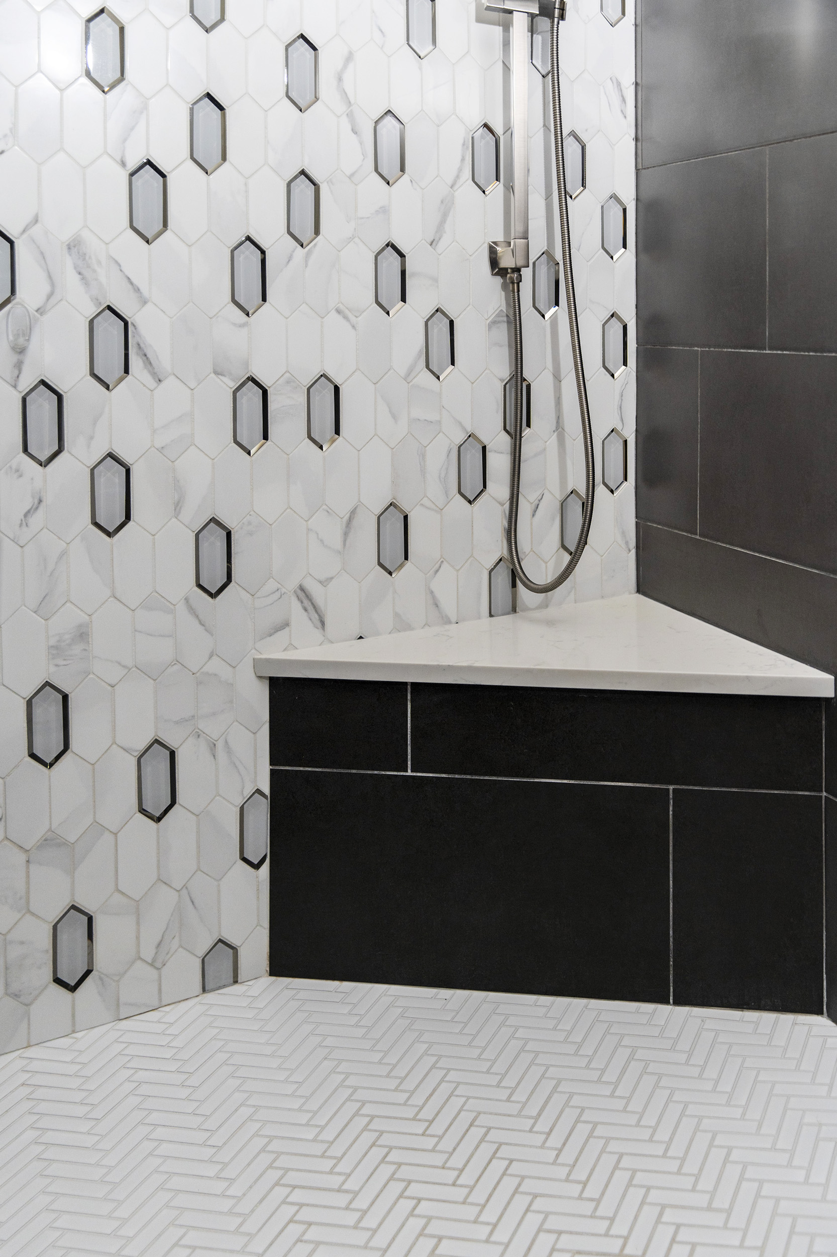 shower bench diamond tile modern shower remodel