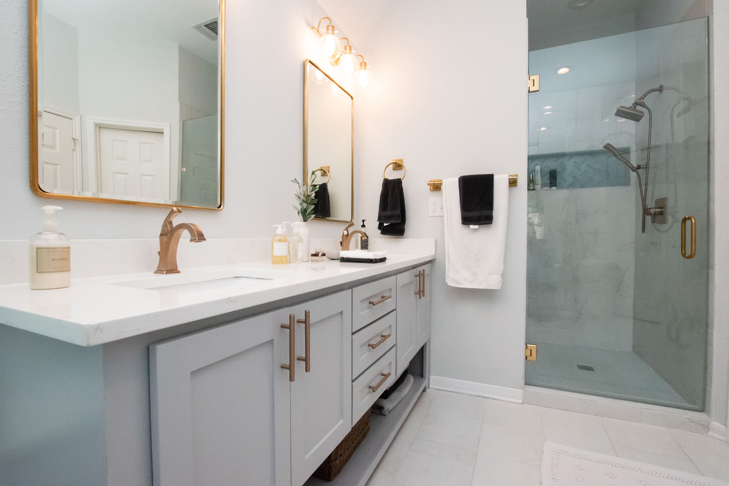 walk in shower custom vanity