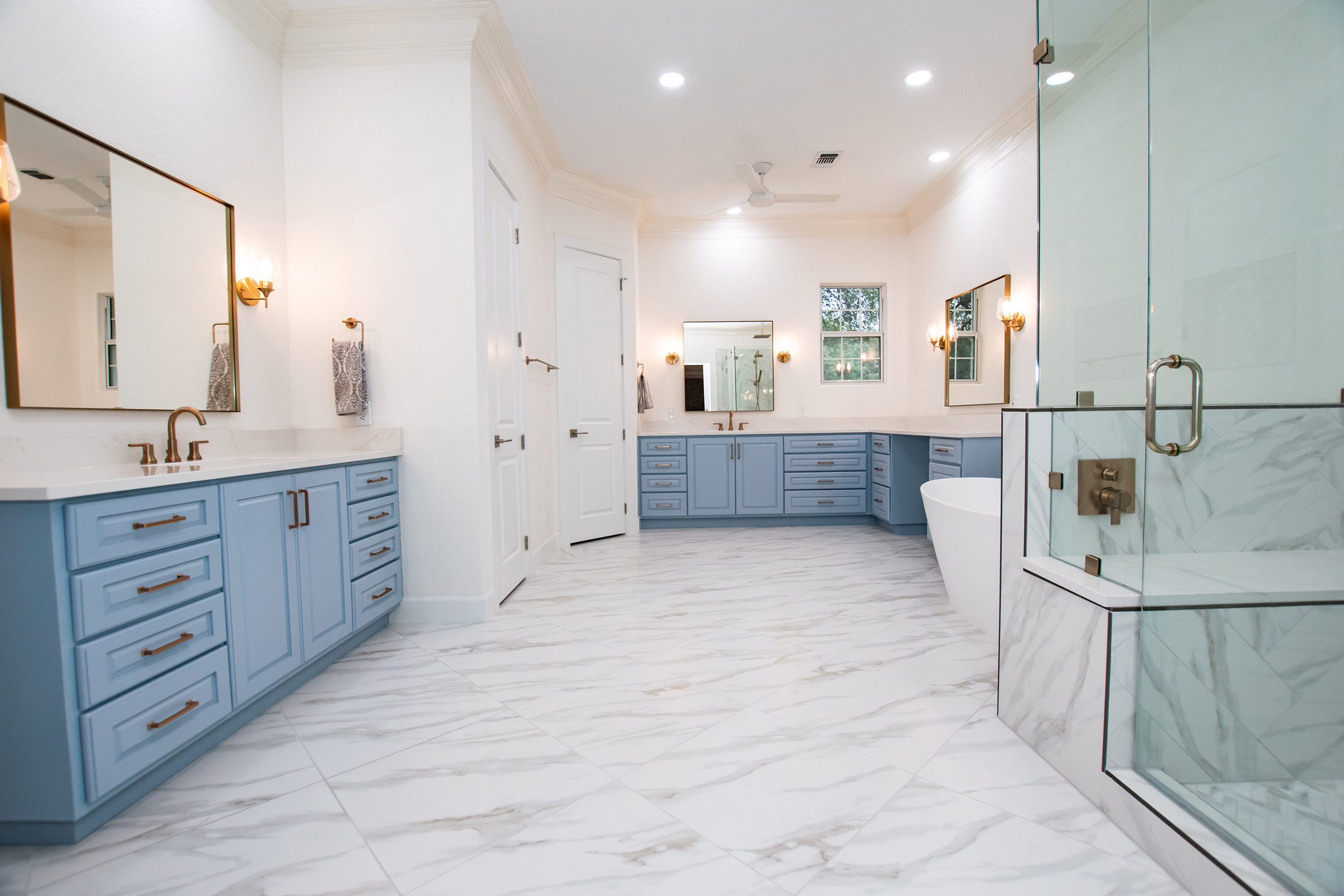 blue white gold quartz bathroom remodel