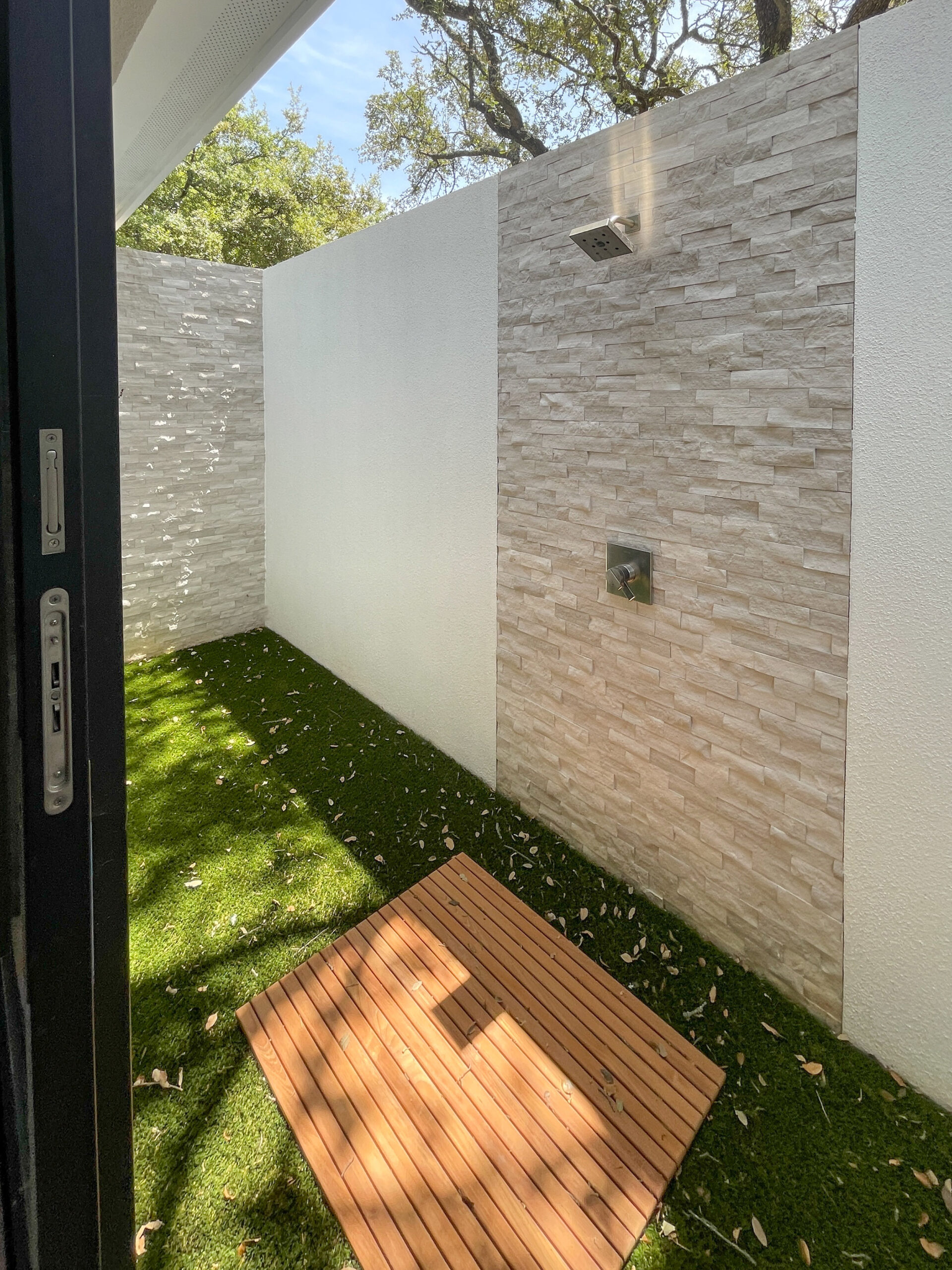 outdoor shower tile backsplash private bathroom remodel