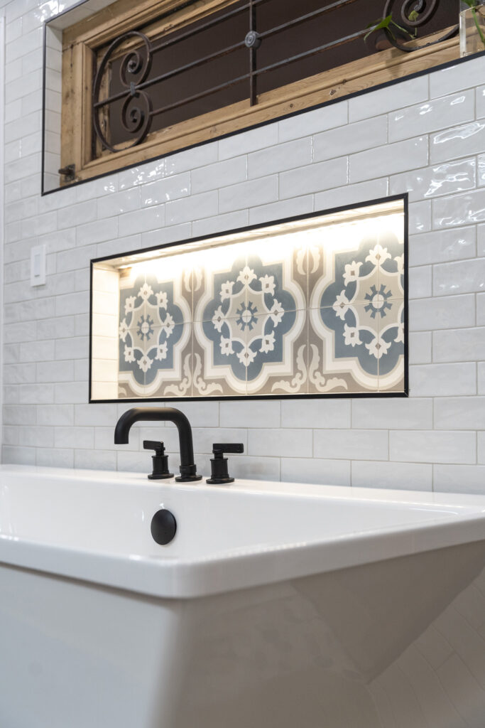 distressed tile kohler faucet led light bath niche