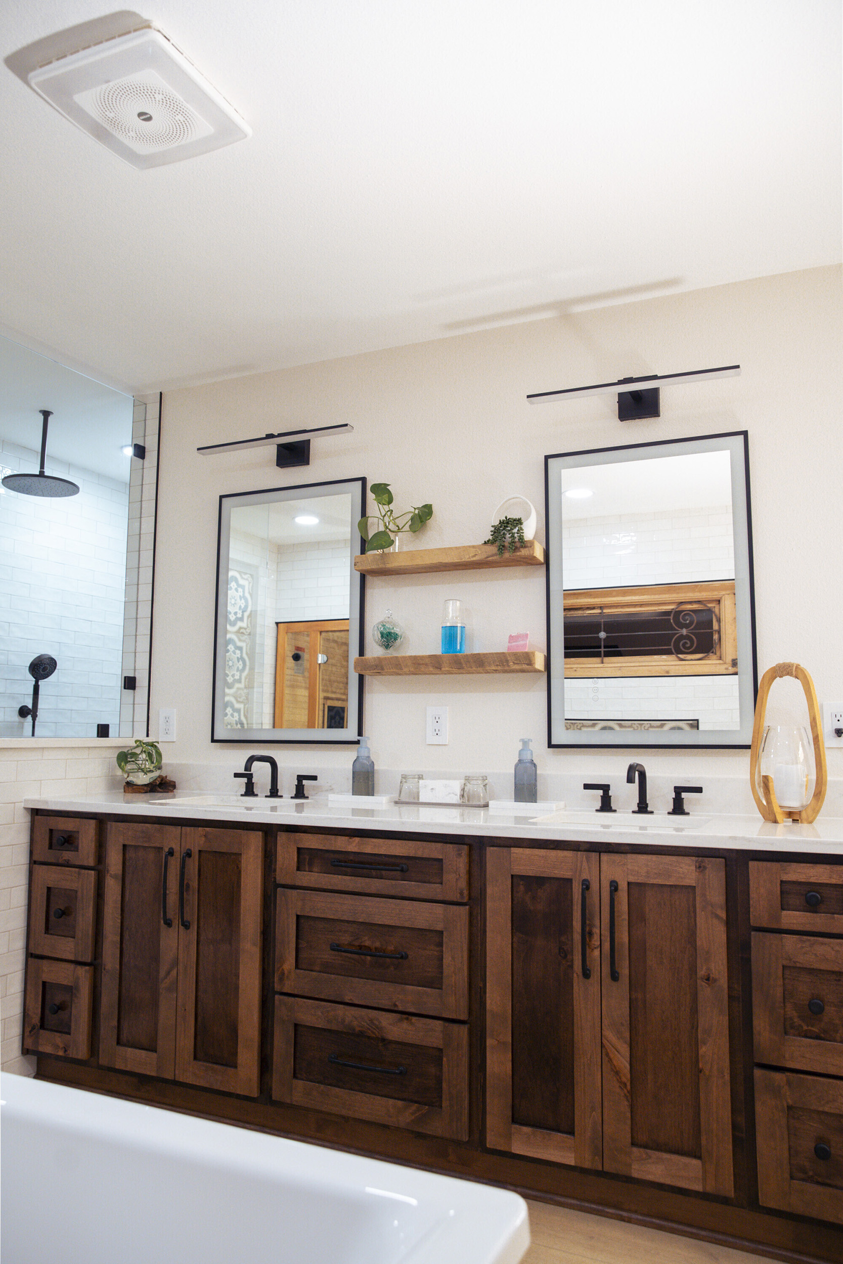 led light mirrors his her sinks walnut stained vanity