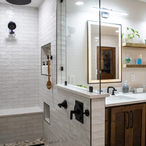 walk in shower all wood vanity