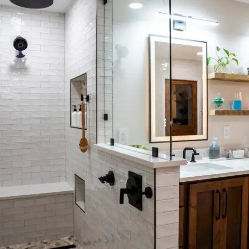 walk in shower all wood vanity