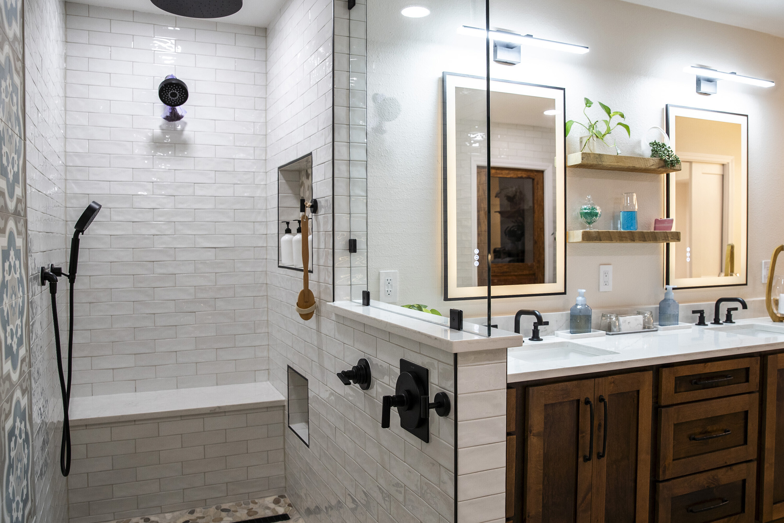 walk in shower all wood vanity