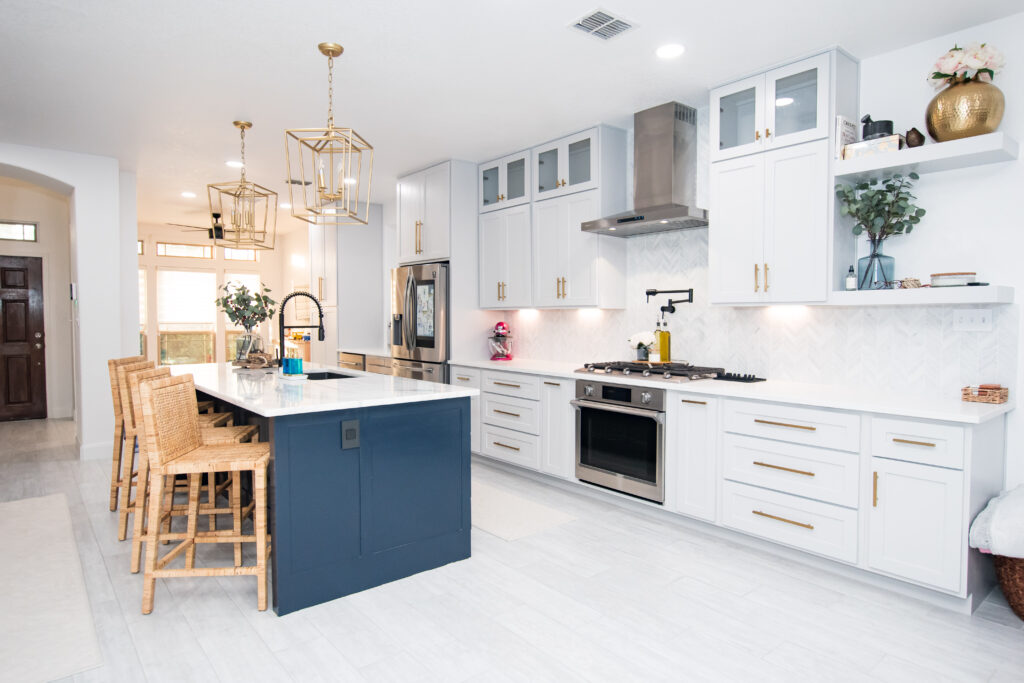 blue kitchen island white cabinets modern trendy kitchen remodel san antonio