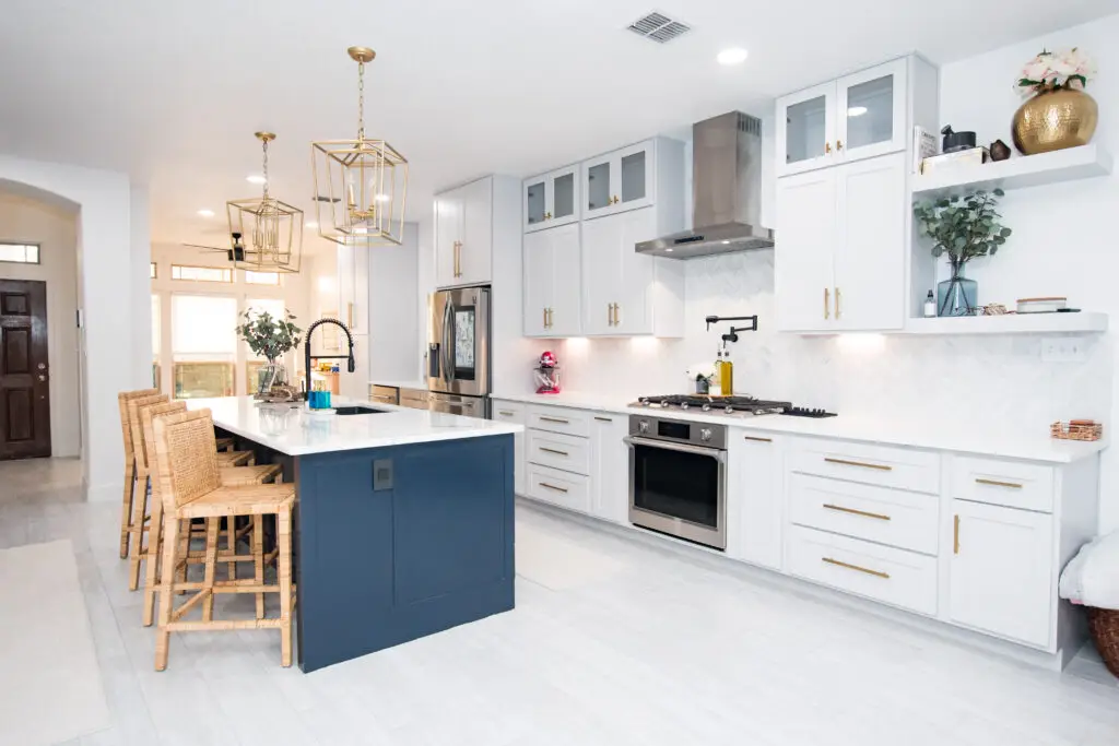 blue kitchen island white cabinets modern trendy kitchen remodel san antonio