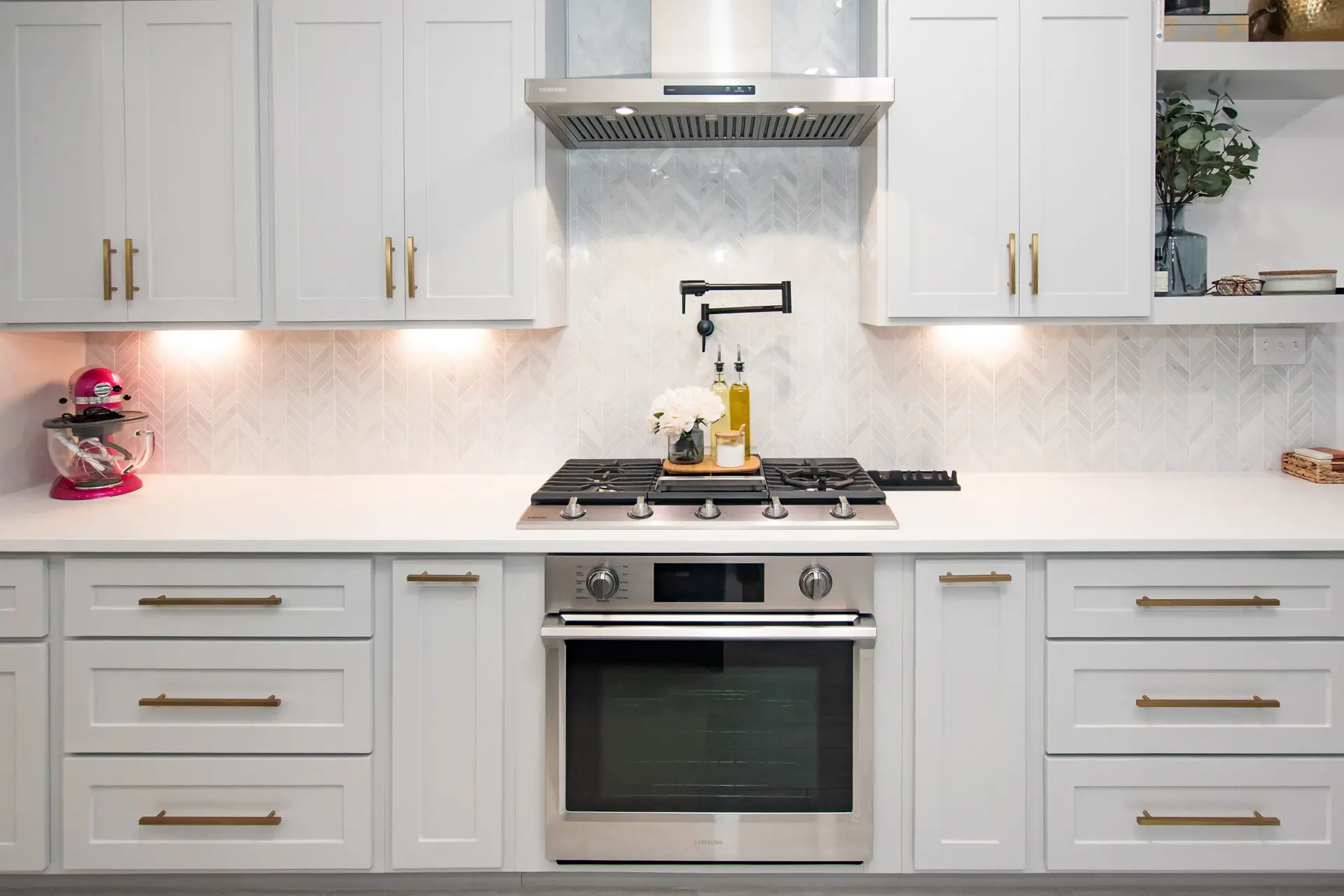 custom cabinets herringbone tile backsplash