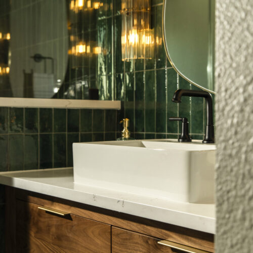 vanity stained wood emerald tile bathroom remodel