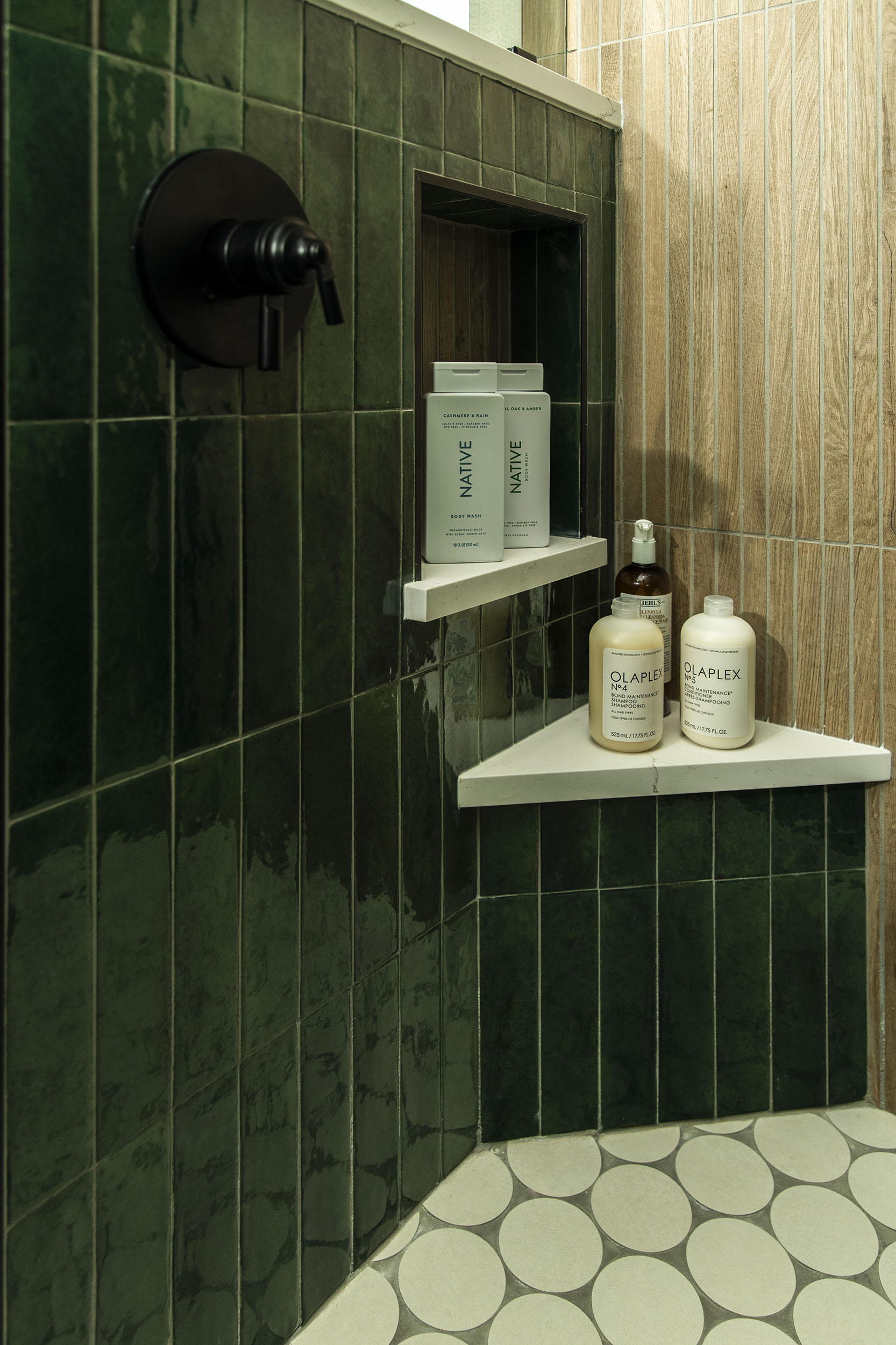 bathroom remodel shower tile wood look emerald subway