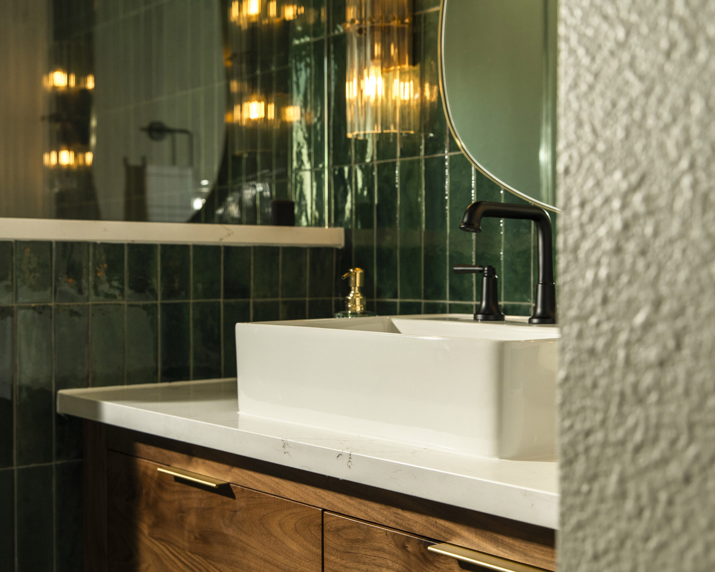 vanity stained wood emerald tile bathroom remodel