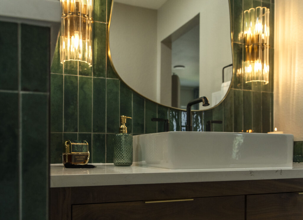 quarts countertop walnut vanity bathroom remodel