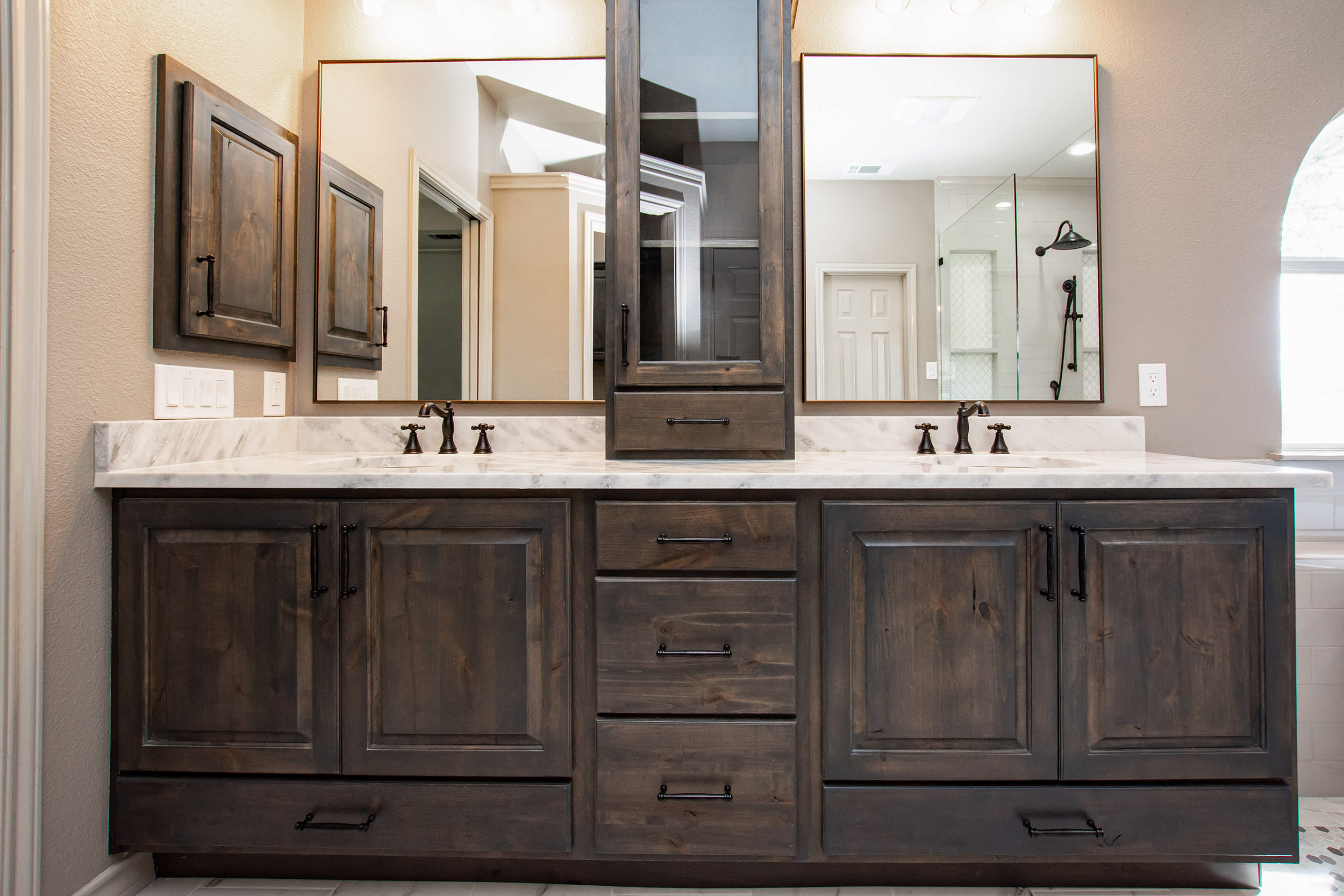 dark wood stain cabinets bathroom remodel